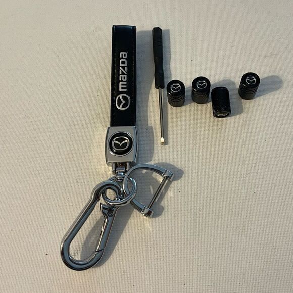 Mazda key fob Keychain in black leather and Valve stem caps in Black NWT - Picture 5 of 6